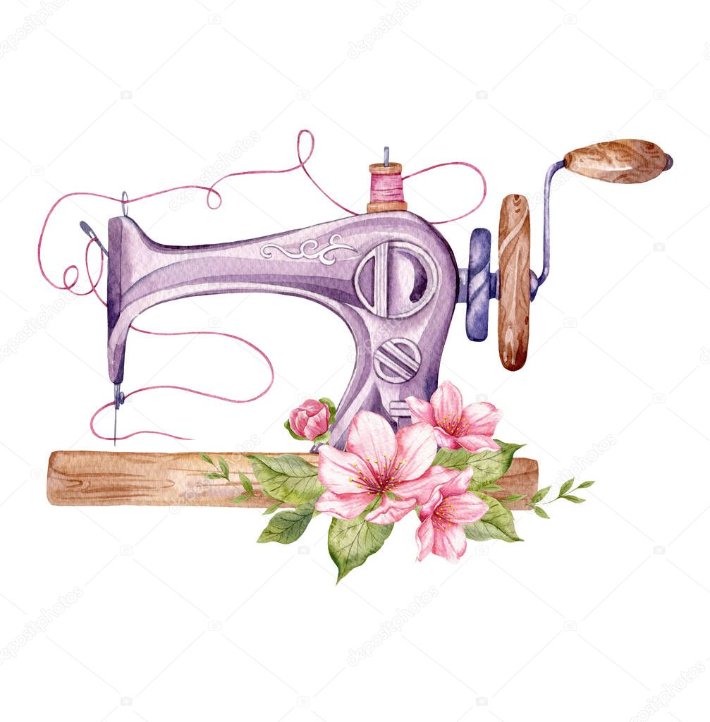Sewing logo. Vintage sewing machine with floral wreath. Watercolor illustration on white isolated background. Hobby. Homemade hobby. Embroidery, sewing. Tailor shop logo.