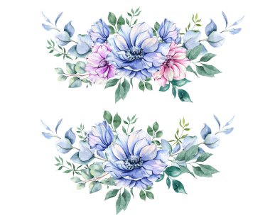 Anemone Çiçekleri Suluboya Çizimi. Mavi, Pembe ve Mor Amonlar El boyası beyaz arka planda izole edilmiş. Düğün davetiyeleri, düğün öncesi parti ve çiçeklerle dolu tebrik kartları için mükemmel.