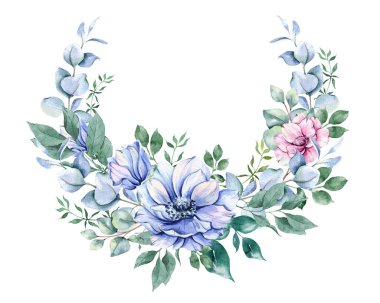 Anemone Çiçekleri Suluboya Çizimi. Mavi, Pembe ve Mor Amonlar El boyası beyaz arka planda izole edilmiş. Düğün davetiyeleri, düğün öncesi parti ve çiçeklerle dolu tebrik kartları için mükemmel.