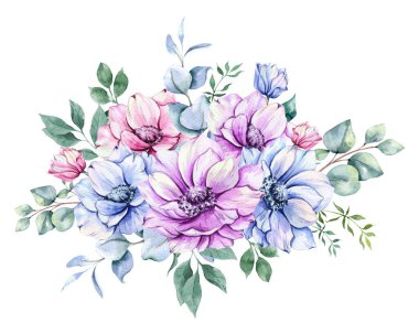 Anemone Çiçekleri Suluboya Çizimi. Mavi, Pembe ve Mor Amonlar El boyası beyaz arka planda izole edilmiş. Düğün davetiyeleri, düğün öncesi parti ve çiçeklerle dolu tebrik kartları için mükemmel.