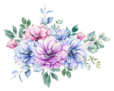 Anemone Çiçekleri Suluboya Çizimi. Mavi, Pembe ve Mor Amonlar El boyası beyaz arka planda izole edilmiş. Düğün davetiyeleri, düğün öncesi parti ve çiçeklerle dolu tebrik kartları için mükemmel.