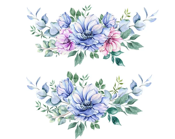 Anêmona Flores Watercolor Ilustração Anémonas Azuis Rosa Roxas Pintadas Mão — Fotografia de Stock