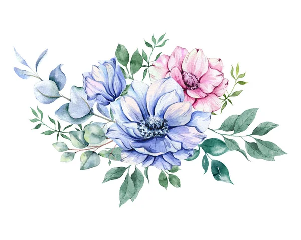 Anemon Kwiaty Akwarela Ilustracja Niebieskie Różowe Fioletowe Anemony Ręcznie Malowane — Zdjęcie stockowe