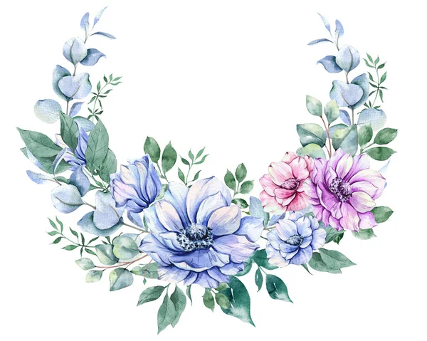 Anemoon Bloemen Aquarel Illustratie Blauwe Roze Paarse Anemonen Hand Geschilderd — Stockfoto