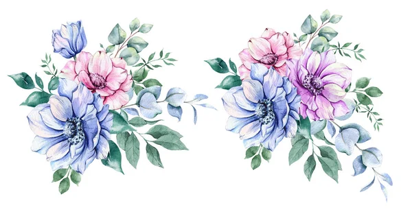 Anémone Fleurs Aquarelle Illustration Anémones Bleues Roses Violettes Peintes Main — Photo