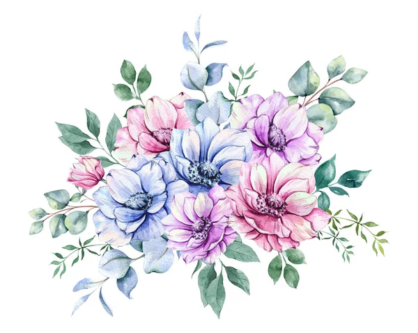 Anemoon Bloemen Aquarel Illustratie Blauwe Roze Paarse Anemonen Hand Geschilderd — Stockfoto