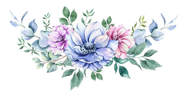 Anêmona Flores Watercolor Ilustração Anémonas Azuis Rosa Roxas Pintadas Mão — Fotografia de Stock