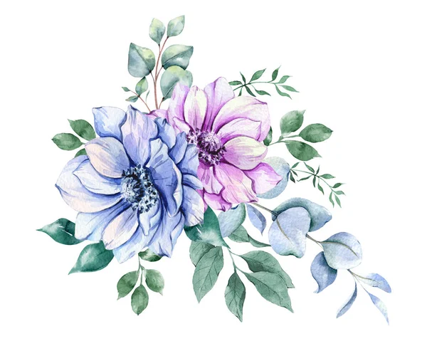 海葵花水彩画 粉色和紫色的海葵手绘 白色底色孤立 完美的婚宴请柬 婚宴和鲜花贺卡 — 图库照片