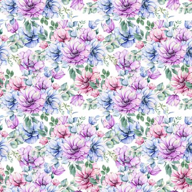 Çiçeksiz, suluboya şakayık çiçekleri ve yeşilliği olan zarif bir desen. Pembe, mavi ve mor renklerde kusursuz çiçek arkaplanı