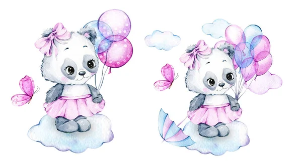Carino Baby Animale Acquerello Illustrazione Piccolo Panda Con Palloncini Isolato — Foto Stock