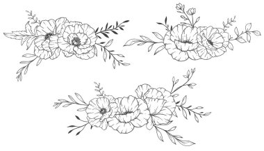 Poppy Flower Line Sanat, İnce Çizgili Poppy Buketleri El Çizimi Çizimi. Çiçeklerle Renklendirme Sayfası. 