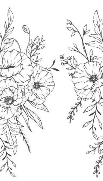 Çiçek Çerçeve Hattı Sanat Nce Çizgili Poppy Frames Hand Çizim — Stok Vektör