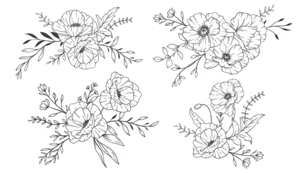 Poppy Flower Line Sanat Nce Çizgili Poppy Buketleri Çizimi Çizimi — Stok Vektör