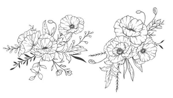 ポピーフラワーラインアート ファインラインポピーブーケツ手描きイラスト 花のカラーリングページ — ストックベクタ