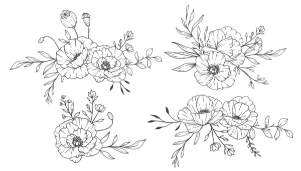 Poppy Flower Line Art Fine Line Poppy Bouquets Handgezeichnete Illustration — Stockvektor