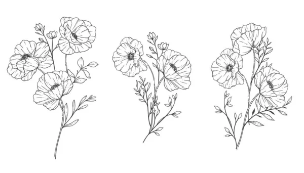 ポピーフラワーラインアート ファインラインポピーブーケツ手描きイラスト 花のカラーリングページ — ストックベクタ