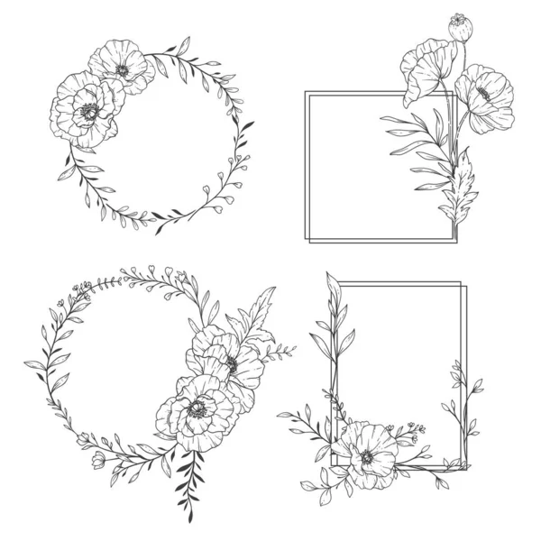 Floral Frames Line Art Fine Line Poppy Frames Hand Drawn — Διανυσματικό Αρχείο