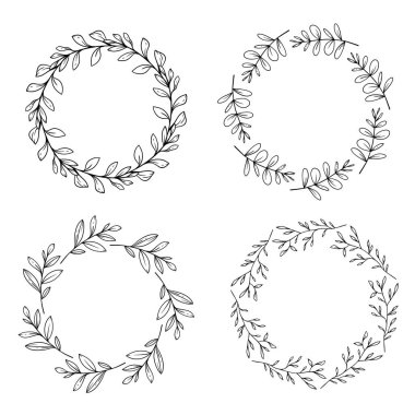 Çiçek Çerçeve Çizgisi Sanat, İnce Çizgili Yeşil Çerçeve El Çizimi Çizimi. Özet Yaprak ve Çiçekler. 