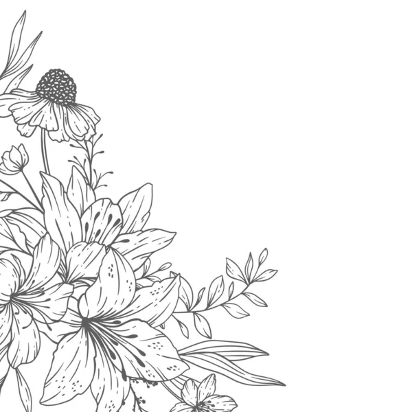 Květinové Rámečky Čáry Art Jemná Čára Wildflower Frames Ručně Kreslené — Stockový vektor
