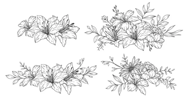 Wildflowers Line Art Fine Line Wildflower Bouquets Ręcznie Rysowane Ilustracji — Wektor stockowy