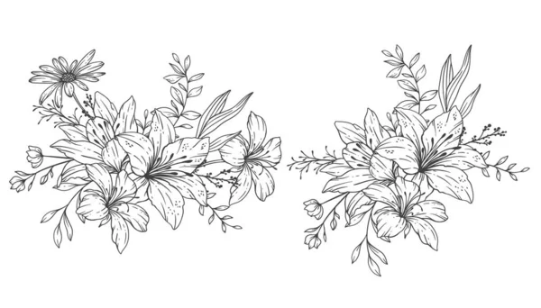 Yaban Çiçekleri Çizgisi Sanat Yaban Çiçeği Buketleri Çizimi Çizimi Çiçeklerle — Stok Vektör