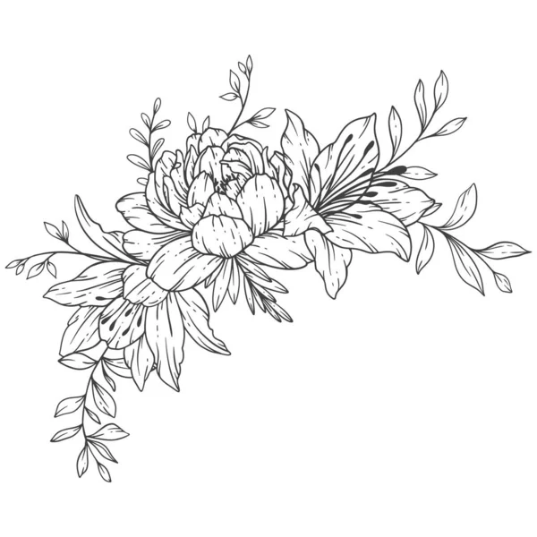 ワイルドフラワーラインアート ファインラインワイルドフラワーブース手描きイラスト 花のカラーリングページ — ストックベクタ