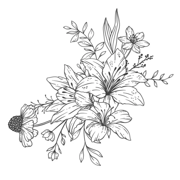 Yaban Çiçekleri Çizgisi Sanat Yaban Çiçeği Buketleri Çizimi Çizimi Çiçeklerle — Stok Vektör