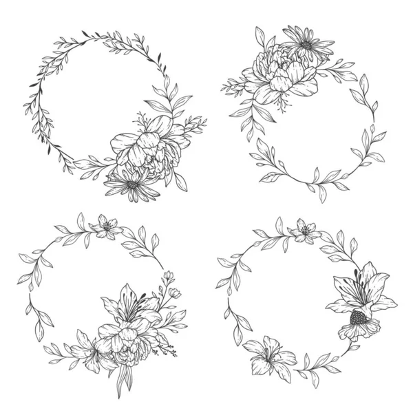 Цветочное Искусство Fine Line Wildflower Drawn Очертания Листьев Цветов — стоковый вектор