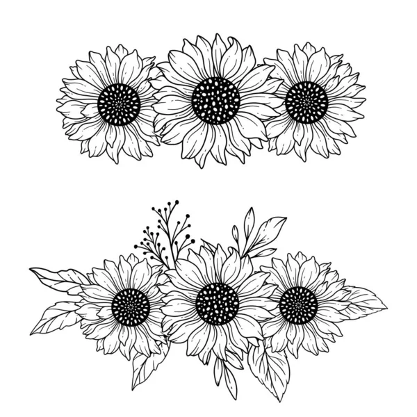 サンフラワーラインアート ファインラインサンフラワーブーケ 手描きイラスト Sunflowersを使用したカラーリングページ — ストックベクタ