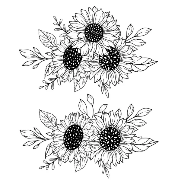 Sunflowers Line Art Fine Line Bouquets Girassol Ilustração Desenhada Mão — Vetor de Stock