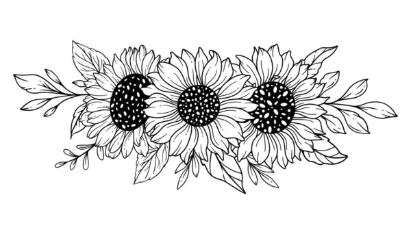 サンフラワーラインアート ファインラインサンフラワーブーケ 手描きイラスト Sunflowersを使用したカラーリングページ — ストックベクタ