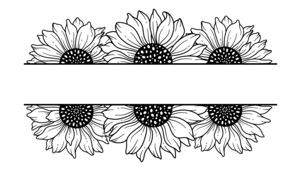 サンフラワースプリットボーダー サンフラワーの半分 サンフラワーフレームラインアート ファインラインサンフラワーフレーム手描きイラスト Sunflowersを使用したカラーリングページ — ストックベクタ