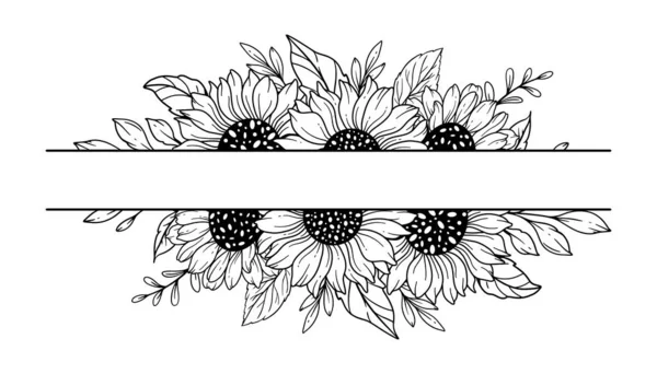 サンフラワースプリットボーダー サンフラワーの半分 サンフラワーフレームラインアート ファインラインサンフラワーフレーム手描きイラスト Sunflowersを使用したカラーリングページ — ストックベクタ