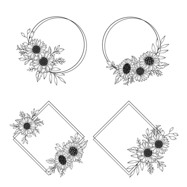 Zonnebloemen Frames Line Art Fijne Lijn Zonnebloemen Frames Hand Getekend — Stockvector