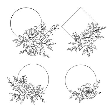 Peony Frame Line Art, Çerçeve El Çizimi Çizimi Tasviri. Şakayık Çiçekleri ile Renklendirme Sayfası. 