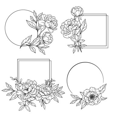 Peony Frame Line Art, Çerçeve El Çizimi Çizimi Tasviri. Şakayık Çiçekleri ile Renklendirme Sayfası. 