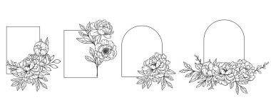 Peony Frame Line Art, Çerçeve El Çizimi Çizimi Tasviri. Şakayık Çiçekleri ile Renklendirme Sayfası. 