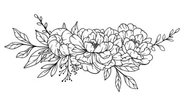 Şakayık Hattı Sanatı, İnce Çizgili Şakayık Buketleri El Çizimi Çizimi. Şakayık Çiçekleri ile Renklendirme Sayfası. 