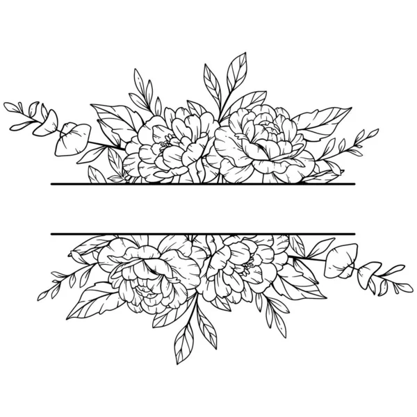 Peony Frame Line Art Esboço Floral Frame Ilustração Desenhada Mão — Vetor de Stock