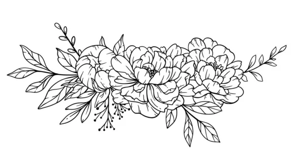Peony Line Art Fine Line Peony Bouquets Ilustração Desenhada Mão — Vetor de Stock
