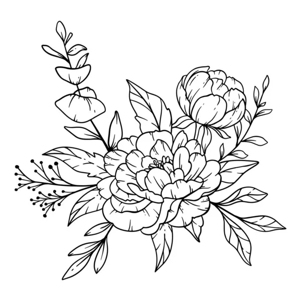 Peony Line Art Fine Line Peony Bouquets Hand Drawn Illustration — Stock Vector
