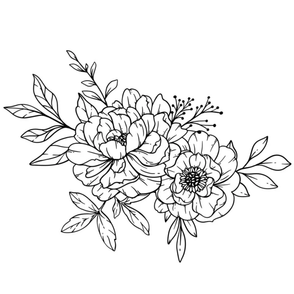 Peony Line Art Fine Line Peony Bouquets Ilustração Desenhada Mão — Vetor de Stock