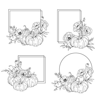 Thanksgiving Frame Outline. Pumpkins Line Art Illustration, Outline Pumpkin arrangement Hand Drawn Illustration. Coloring Page with Pumpkins.  Thanksgiving Pumpkins set. Thanksgiving Pumpkins set isolated on white clipart