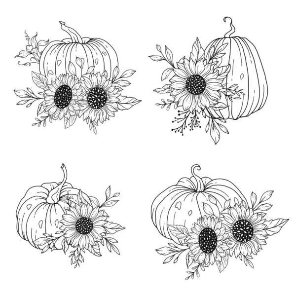 Κολοκυθάκια Sunflowers Line Art Illustration Διάταξη Περίγραμμα Κολοκύθας Χειροποίητη Εικονογράφηση — Διανυσματικό Αρχείο