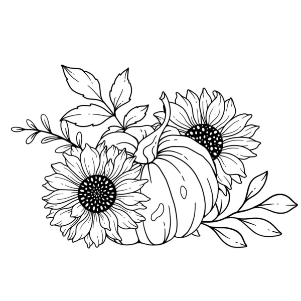 Κολοκυθάκια Sunflowers Line Art Illustration Διάταξη Περίγραμμα Κολοκύθας Χειροποίητη Εικονογράφηση — Διανυσματικό Αρχείο