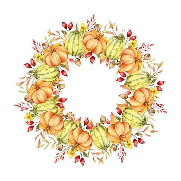 秋の感謝祭のフレーム ウォーターカラー ポンプキンスと緑 花の感謝祭の花 ポンプキン ベリー 葉が付いている秋の花のフレーム — ストック写真
