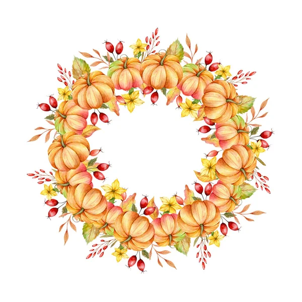 Jesienne Święto Dziękczynienia Ramka Akwarelą Dynie Zieleń Kwiatowy Dziękczynienie Wianek — Zdjęcie stockowe