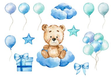 Balonlu suluboya resimli şirin bebek ayı, beyaz arka planda balonları olan küçük ayı. Çocuk dekoru çizimleri için el yapımı sevimli hayvan resmi. Bebek partisi konsepti