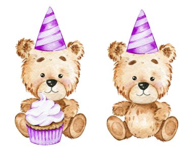 Şirin Bebek Ayı Suluboya Çizimi, beyaz arka planda izole edilmiş küçük ayı. Çocuk dekoru çizimleri için el yapımı sevimli hayvan resmi. Bebek partisi konsepti