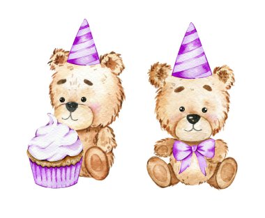 Balonlu suluboya resimli şirin bebek ayı, beyaz arka planda balonları olan küçük ayı. Çocuk dekoru çizimleri için el yapımı sevimli hayvan resmi. Bebek partisi konsepti